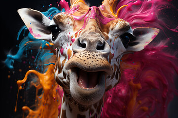 Poster - An abstract surreal photograph of a Giraffe splashed in bright paint, contemporary colors and mood social background.