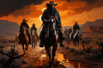 Wall Mural - The image captures a group of rugged cowboys riding their horses across a vast, sun-drenched plain, their Stetson hats shading their eyes against the glare of the sun. 