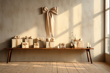 Poster - A minimalist indoor scene featuring a single gift box adorned with a satin ribbon, perfectly placed on a minimalist wooden shelf.