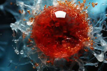 Poster - A detailed image of a leukemic blood smear under high magnification, highlighting the distorted nucleus and cytoplasm of blast cells,  