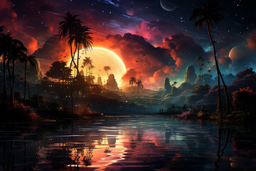 Aufkleber - a night sky with palm trees and stars, in the style of neon hallucinations, dark violet and light aquamarine, 