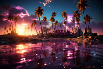 Aufkleber - a night sky with palm trees and stars, in the style of neon hallucinations, dark violet and light aquamarine, 