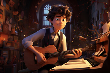 Fototapete - The schoolboy cartoon plays a musical instrument like a guitar or a keyboard, surrounded by musical notes and a lively music room atmosphere