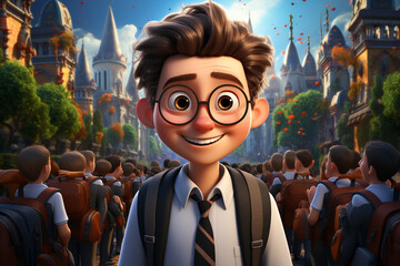 Aufkleber - A cheerful cartoon schoolboy stands against a vibrant school background, his backpack filled with books and supplies, ready for a day of learning. 