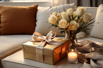Leinwandbilder - A digitally created living room scene with a single gift box sitting on a coffee table. 