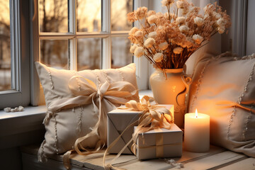Poster - A cozy indoor setting with a gift box positioned near a softly lit window. 