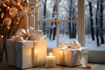 Wall Mural - A cozy indoor setting with a gift box positioned near a softly lit window. 