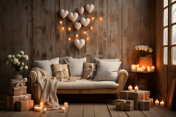 Poster - A cozy living room with a gift box placed on a plush rug. The soft lighting and neutral tones create a peaceful backdrop for personalized messages.  Generative AI technology.