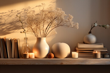 Wall Mural - A serene indoor setting featuring a minimalistic holiday decoration on a shelf, surrounded by soft lighting. 