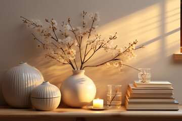 Poster - A serene indoor setting featuring a minimalistic holiday decoration on a shelf, surrounded by soft lighting. 
