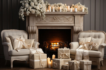 Leinwandbilder - An image showcasing a charming fireplace with a neatly wrapped gift box placed on the mantel. The neutral color scheme and open space