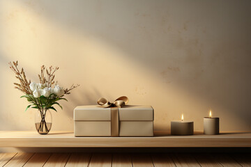 Leinwandbilder - A minimalist indoor scene featuring a single gift box adorned with a satin ribbon, perfectly placed on a minimalist wooden shelf.