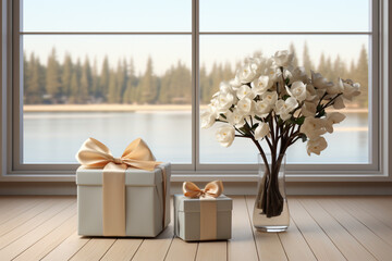 Leinwandbilder - A minimalist indoor scene featuring a single gift box adorned with a satin ribbon, perfectly placed on a minimalist wooden shelf.