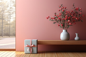 Wall Mural - A minimalist indoor scene featuring a single gift box adorned with a satin ribbon, perfectly placed on a minimalist wooden shelf. 