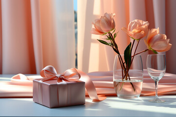 Poster - A clean, modern digital background with a soft pastel palette. A neatly wrapped gift box sits on a sleek table against a pale backdrop,