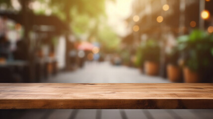 Wooden board empty table in front of blurred coffee shop background