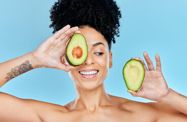 Sticker - Skincare, avocado and happy woman in studio for cosmetic, wellness and treatment on blue background. Beauty, fruit and female model smile with organic, dermatology or detox for glowing skin routine