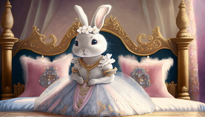 A white princess bunny wearing a tutu royal dress in royal bedroom