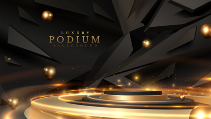 3d gold podium and ball elements with black stone scene decoration on dark. luxury award ceremony ba