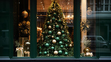 Christmas Decoration Details On English Styled Luxury High Street City Store Door Or Shopping Window Display, Holiday Sale And Shop Decor