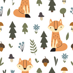 Wall Mural - Seamless pattern with cute foxes in the forest. Autumn season with cute forest animal. Vector illustration for nursery and textile decoration