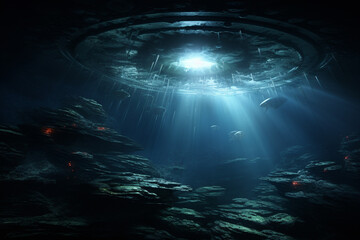 Sci-fi and fantasy concept. UFO and extraterrestrial ship swimming in bottom of the ocean. Alien spacecraft flying underwater. Generative AI