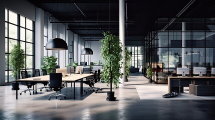 Interior of modern open space office with black walls, concrete floor, rows of computer tables and glass doors