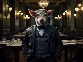 Poster - A pig in a tuxedo standing in a restaurant. Generative AI.