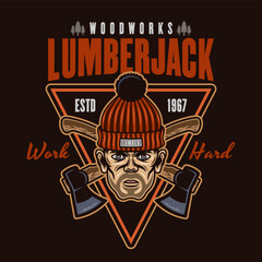 Wall Mural - Lumberjack head in knitted hat and crossed axes vector emblem in colored style on dark background