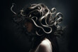 © Rytis - Culture and religious, fine art and make-up concept. Abstract Medusa woman portrait with snakes hair hiding in shadows. Mythical creature portrait. Dark mysterious mood. Generative AI
