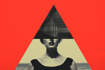 Wall Mural - Fine art, pop art concept. Minimalist and surreal retro art collage with woman portrait. Grunge effect style. Geometric shapes and tiny ornate details in background. Generative AI