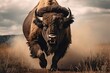 Bison running in the steppe. Wild animal in nature, buffalo in the wild, AI Generated