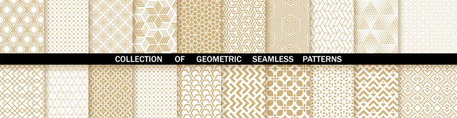 Geometric set of seamless gold and white patterns. Simple vector graphics