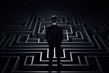 Businessman standing in front of a maze and looking at the exit, Businessman standing in front of a large maze on a Black background, AI Generated