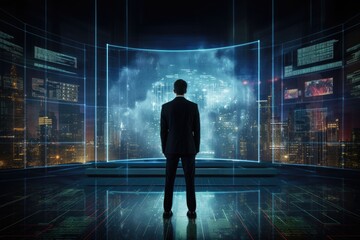 Wall Mural - Back view of businessman looking at night city and digital interface. Mixed media, Businessman standing in front of a digital big screen hologram showing business data, rear view, AI Generated