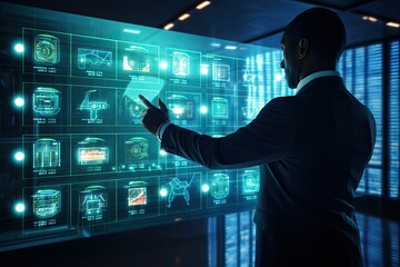 Canvas Print - Back view of businessman touching icon of media screen against futuristic glowing background, Businessmen hand select the icon Data Privacy on the virtual display, AI Generated