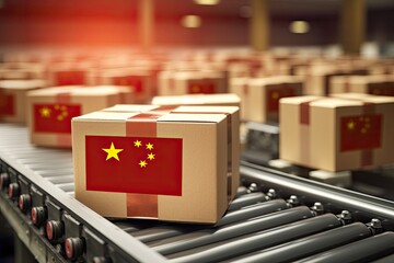 Sticker - Boxes with China flag on the conveyor belt. 3D Render, Cardboard boxes with text made in China and chinese flag on the roller conveyor, AI Generated