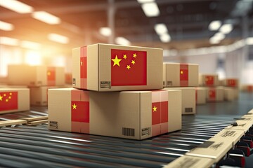 Sticker - Boxes with flag of China on the conveyor belt. 3D rendering, Cardboard boxes with text made in China and chinese flag on the roller conveyor, AI Generated