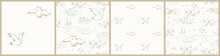 Owls And Meadow Seamless, Pattern. Hand Drawn Forest Landscape. Bird In Woodland Vector