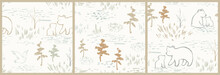 Mom And Baby Bears Cute Seamless, Pattern. Hand Drawn Forest Family. Mother And Kid Woodland