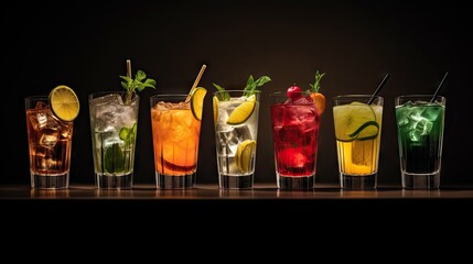 Fototapete - Classic drink menu concept featuring a variety of cocktails served on a dark background viewed from the front