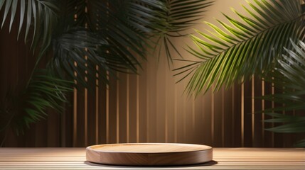 Poster - 3D render of empty space on wooden stand with tropical leaves on brown background for product display Sunlight Hawaii Table top Podium Templates Backdrop Beauty