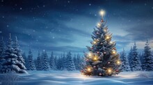 Christmas Tree Adorned With Lights And Snow On A Winter Backdrop