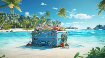 3D rendering of a unique travel idea a summer beach with a large suitcase on an island