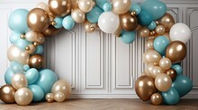 Autumn Themed Wedding Reception With Arch Balloons And Photo Wall Decoration In Beige Brown And Blue Celebratory Baptism And Birthday Party Concept