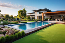 Aerial View Of A Contemporary Australian Home With A Big Grass Yard And A Pool