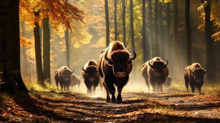 Wall Mural - Autumn scene in Bialowieza NP Poland Wildlife with European bison in their natural habitat amidst yellow leaves