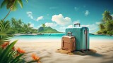 Fototapeta Mapy - 3D rendering of a unique travel idea a summer beach with a large suitcase on an island