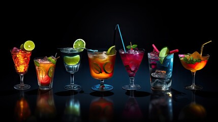 Poster - Classic drink menu concept featuring a variety of cocktails served on a dark background viewed from the front