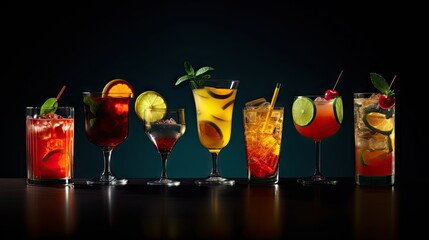 Poster - Classic drink menu concept featuring a variety of cocktails served on a dark background viewed from the front